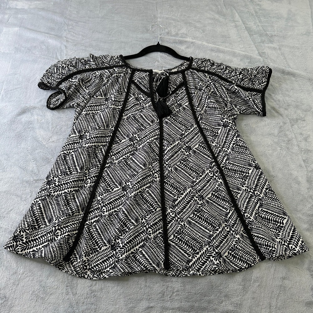 Elie Tahari Women Black White Geometric Leaf Print 100% Silk Tassel Blouse S